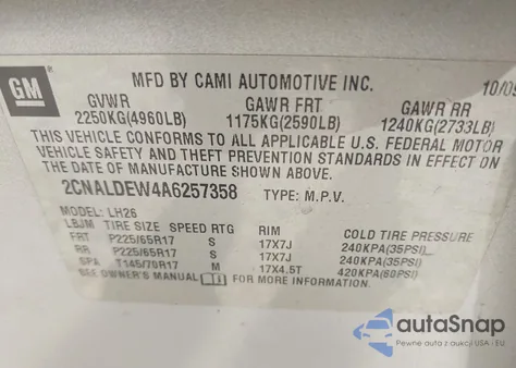 2010 Chevrolet Equinox Lt z USA, uszkodzony, nr VIN 2CNALDEW4A6257358